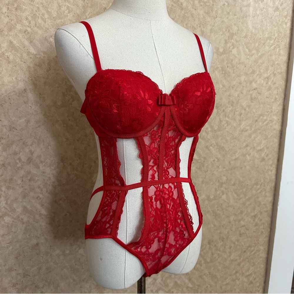 VTG Y2K Bright Red Lace Floral Strappy Mesh See Through Lingerie Bodysuit Teddy